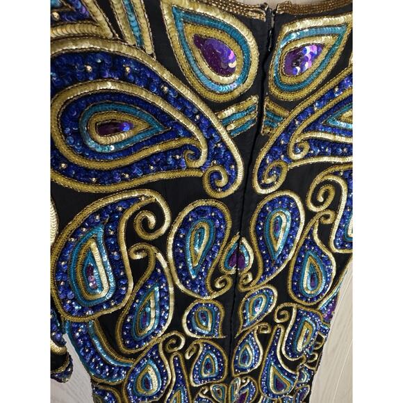 Vintage 80s Silk Beaded Sequin Dress Black Gold Blue Paisley Cocktail Party 2X - Picture 12 of 14